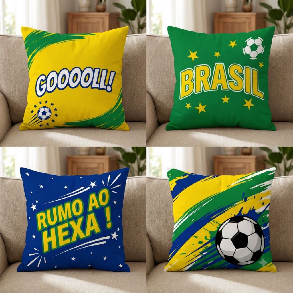 Kit Capas Almofada Copa do Mundo 2026 Brasil Futebol Torcida Brasileira Decoração Premium 45x45