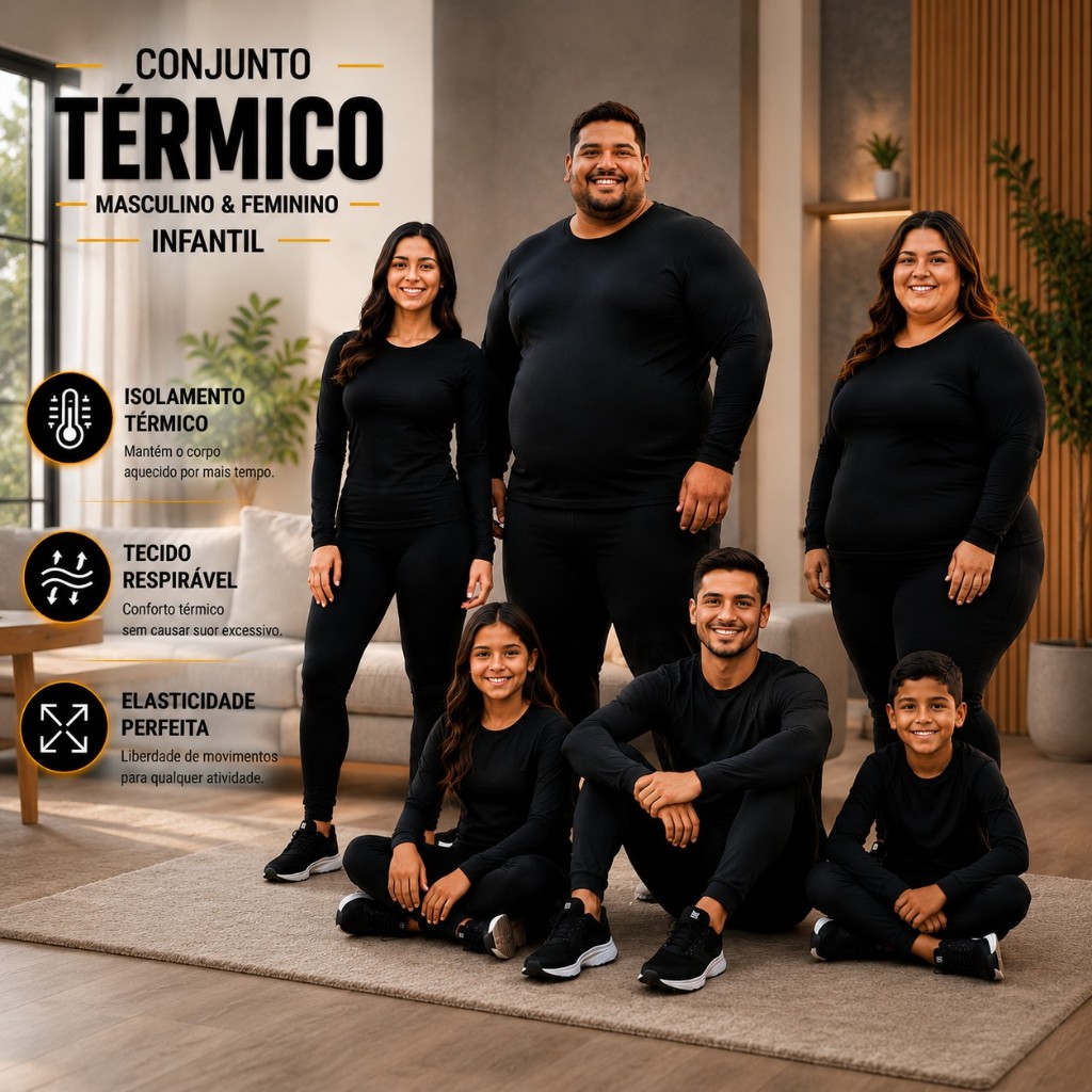 Conjunto Segunda Pele Térmica Flanelado Infantil Plus Size Preto Masculino Feminino Unissex Frio Intenso