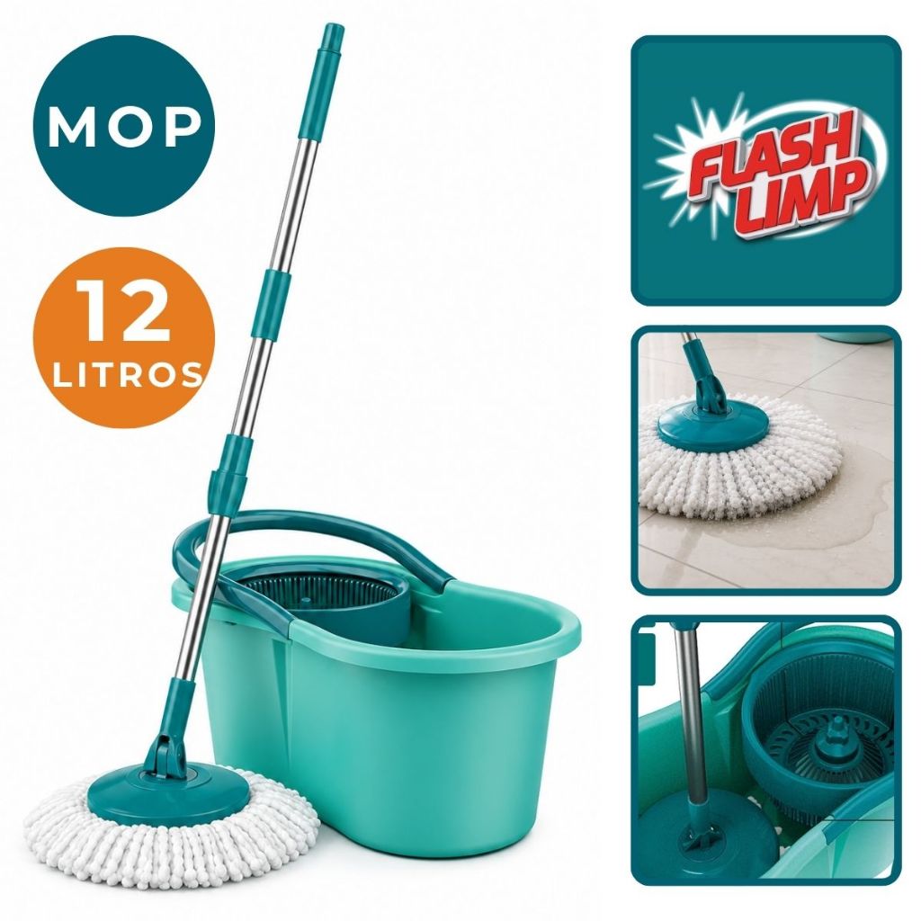 Mop Giratório 12 Litros Flash Limp Esfregão Balde Refil