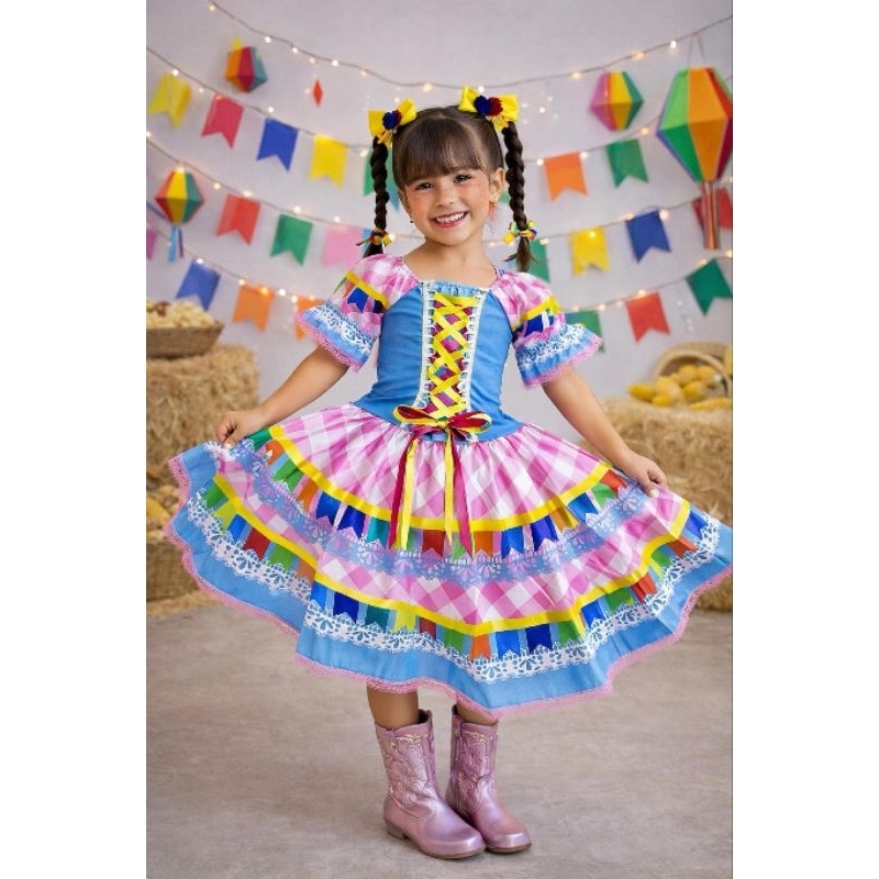 Vestido Infantil Junino Caipira Festas Colorido Luxo Vestido Para Festas Juninas