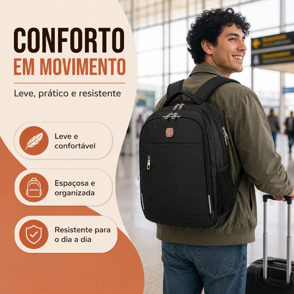 Mochila Crosswave Antifurto Executiva Notebook 17'' Reforçada Preta 19L Para Trabalho e Faculdade