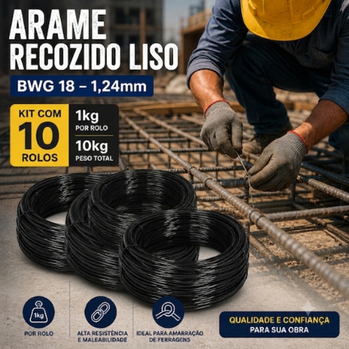 Kit 10 Rolos de 1kg Arame Recozido Liso BWG 18 1,24mm Para Amarração Construção Civil Ferragens Cercas Artesanato
