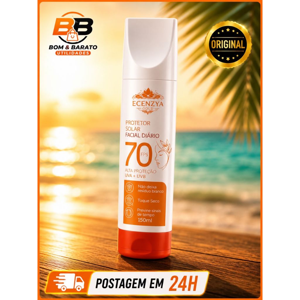 Protetor Solar Facial FPS 70 Ecenzya Gold Anti Oleosidade Toque Seco UVA UVB Uso Diário 150ml
