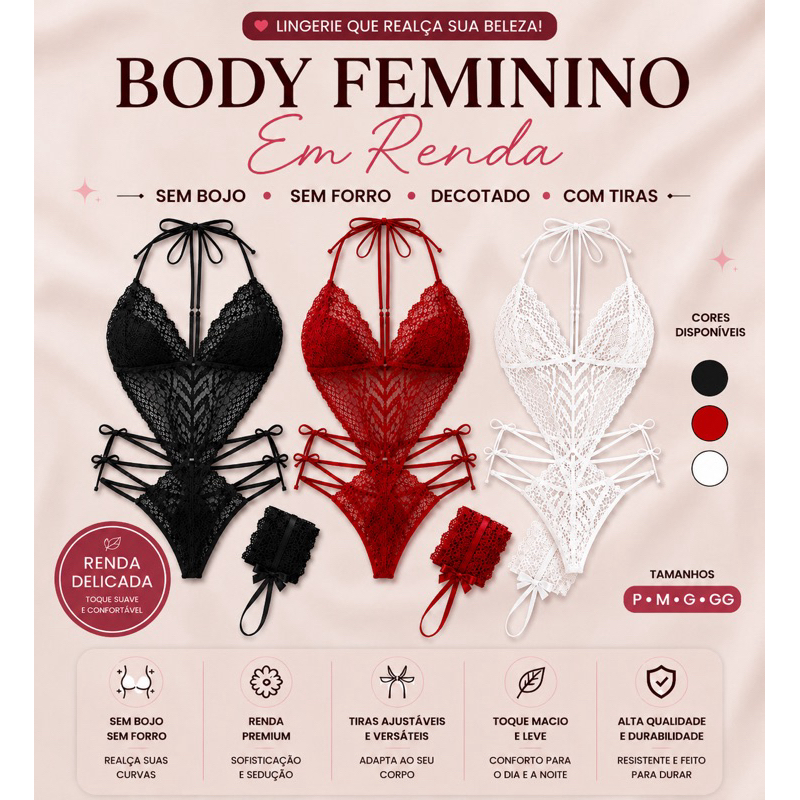 Body Feminino Sensual em Renda Sem Bojo Decotado com tiras Lingerie Sexy