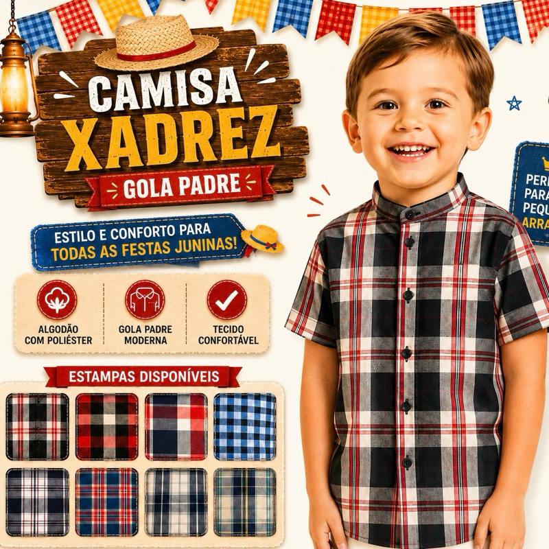 Camisa Infantil Menino XADREZ gola padre e tradicional Junina São João