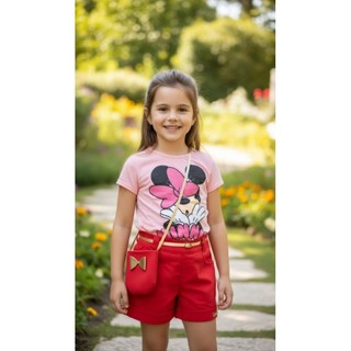 ❤️🎀✨ Conjunto Blusa + Short + Cinto + Bolsinha Vermelho Conjunto Infantil Feminino 4 Peças Blusa Short Cinto e bolsa