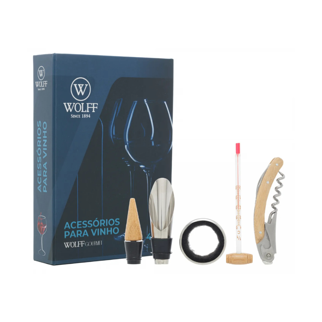 Kit Vinho 4 Peças Inox com Caixa Presente Saca Rolhas Termômetro Dosador Corta Gotas Acessórios