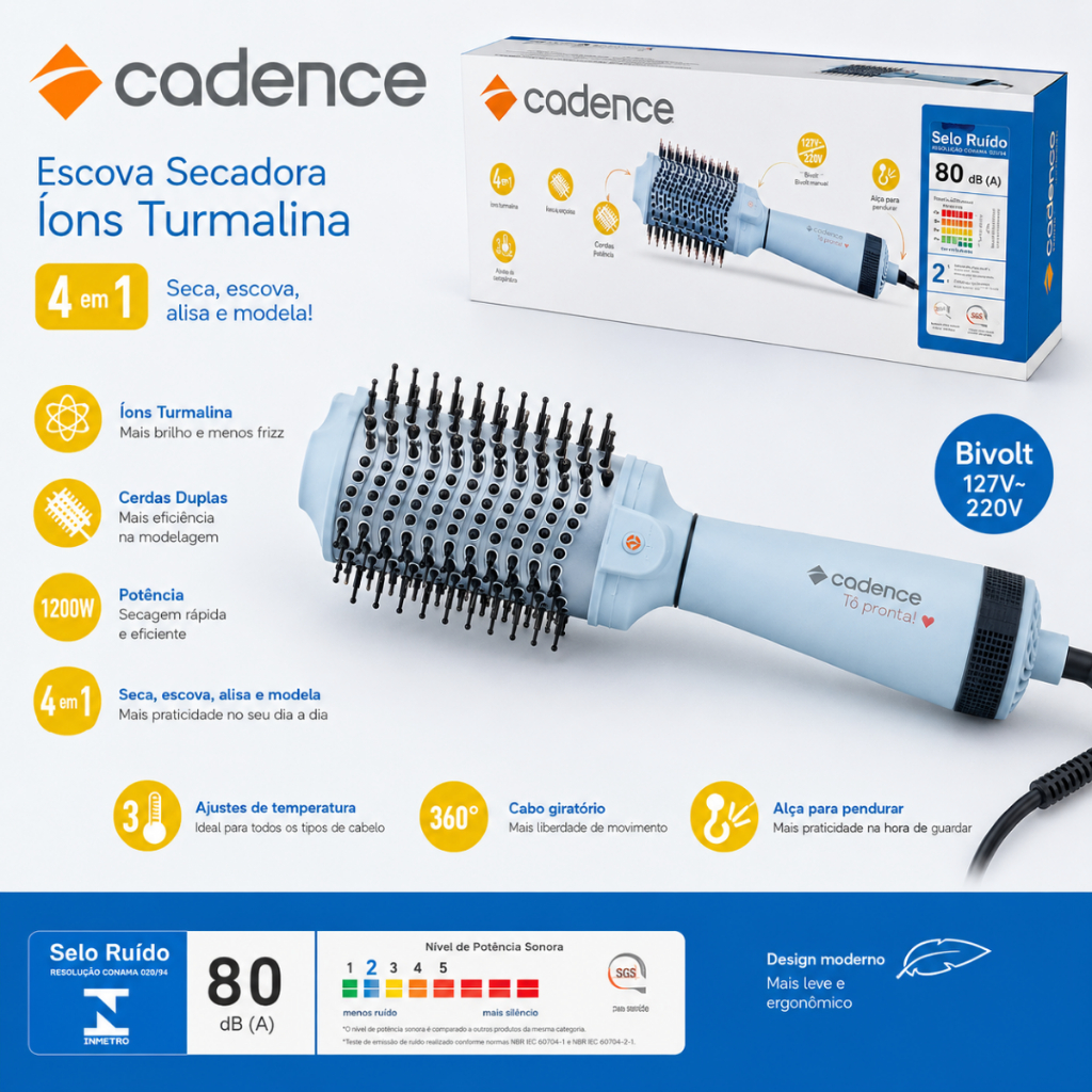 Escova Secadora Bivolt Cadence Íons Turmalina, 4 em 1 - 3 Temperaturas Seca Alisa Modela e da Volume