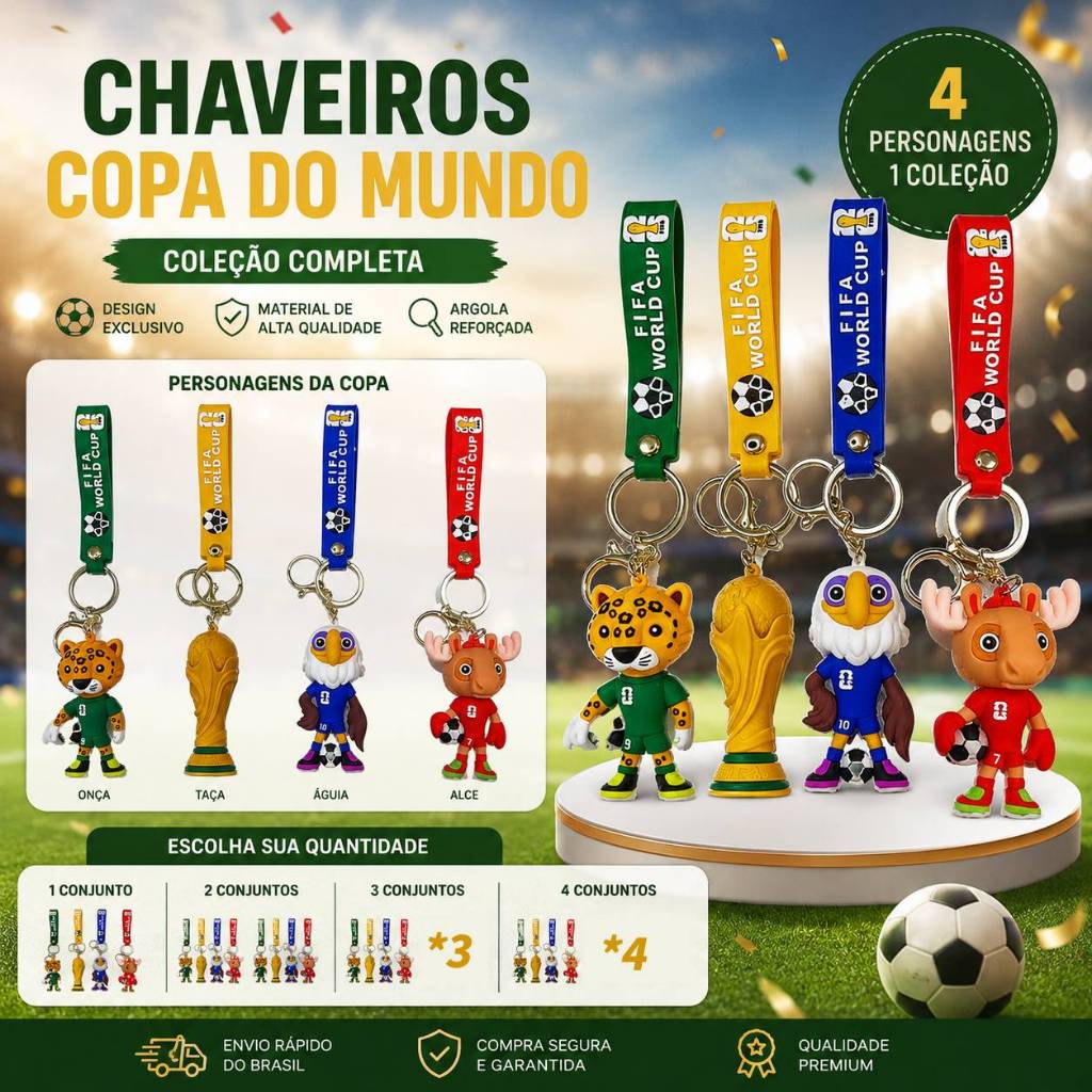 Kit 4 Atacado Chaveiro do Mascote da Copa do Mundo de 2026 — México, EUA e Canadá — Pingente de Souvenir para Torcedores