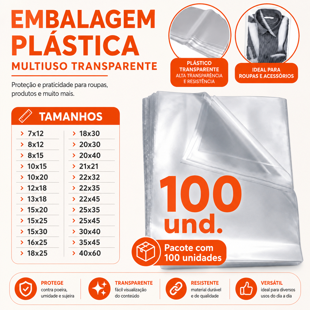 100 Unidades Saco Sacola Pacotinho Saquinho Transparente Plástico Sem Aba Cristal