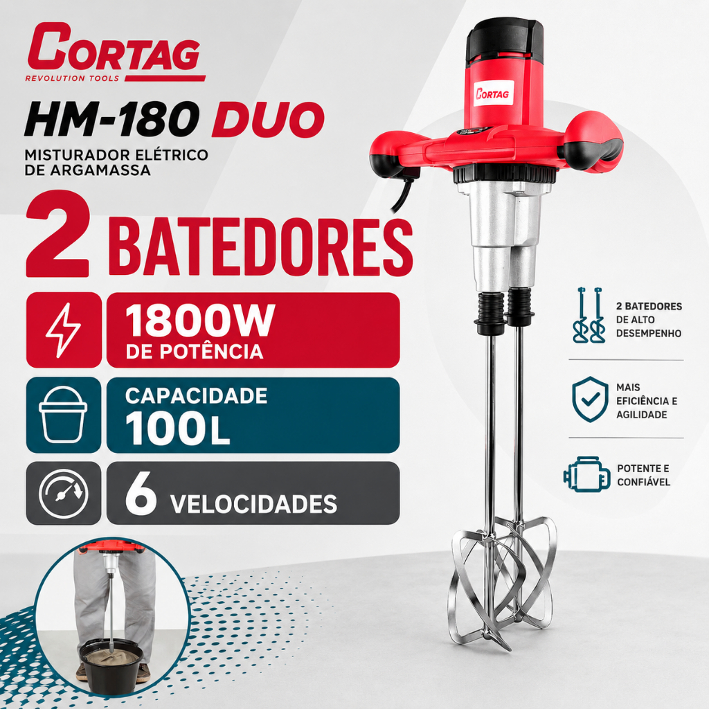 Misturador Elétrico Cortag HM-180 Duo 1800W 100L 6 Velocidades Duplo Batedor Argamassa Tinta Rejunte — imagem 2 de 2