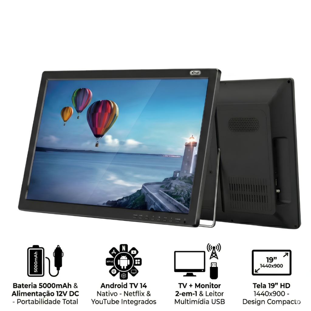 TV Portátil Android 19" HD Função 2 em 1: TV Digital ISDB-T + Monitor para PC/Console 5000mAh