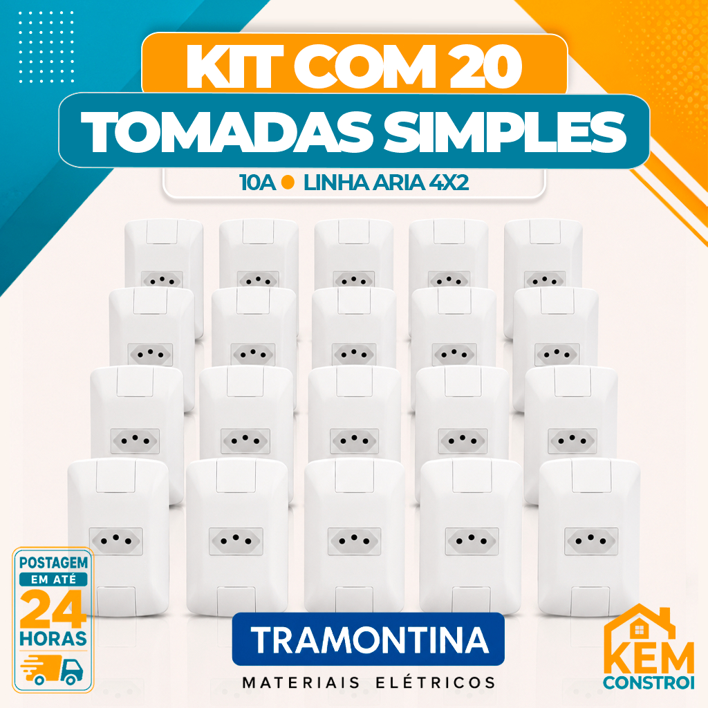 Kit 20 Tomada Simples 10A Aria Tramontina 4x2 Tomadas 10 Amperes Caixa Fechada