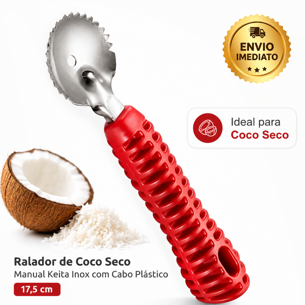 Ralador de Coco Seco Raspador Manual de Inox com Cabo Plástico Ideal para cocadas, tapiocas, bolos e mais - Keita 17,5cm