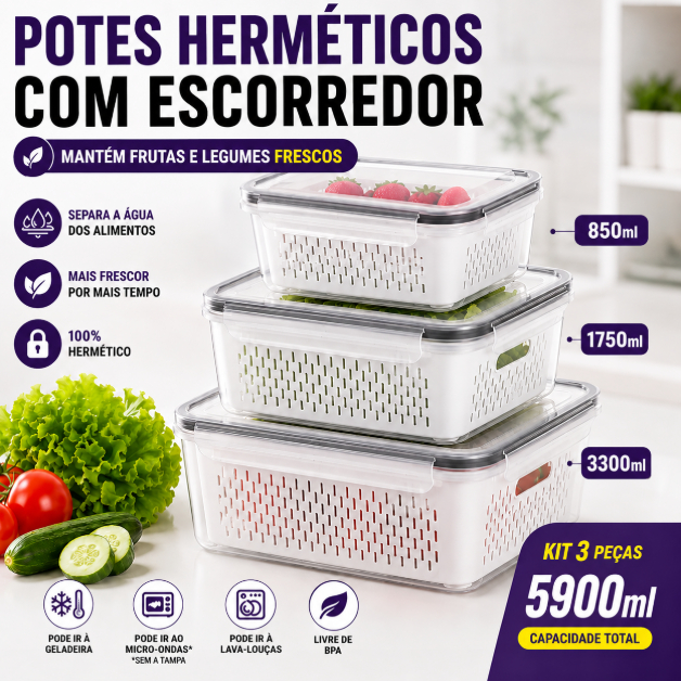 Kit 3 Potes Herméticos com Escorredor Organizador de Geladeira para Frutas e Legumes 850ml 1750ml 3300ml