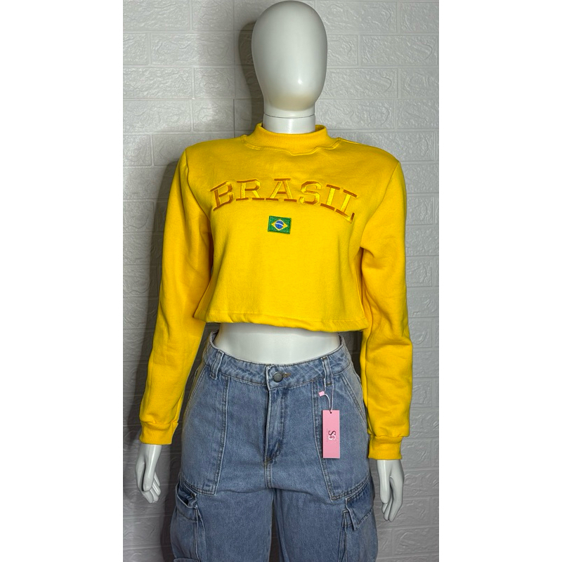 Blusa Cropped Feminina Moletinho Bordada Brasil Manga Longa Gola Alta Casual
