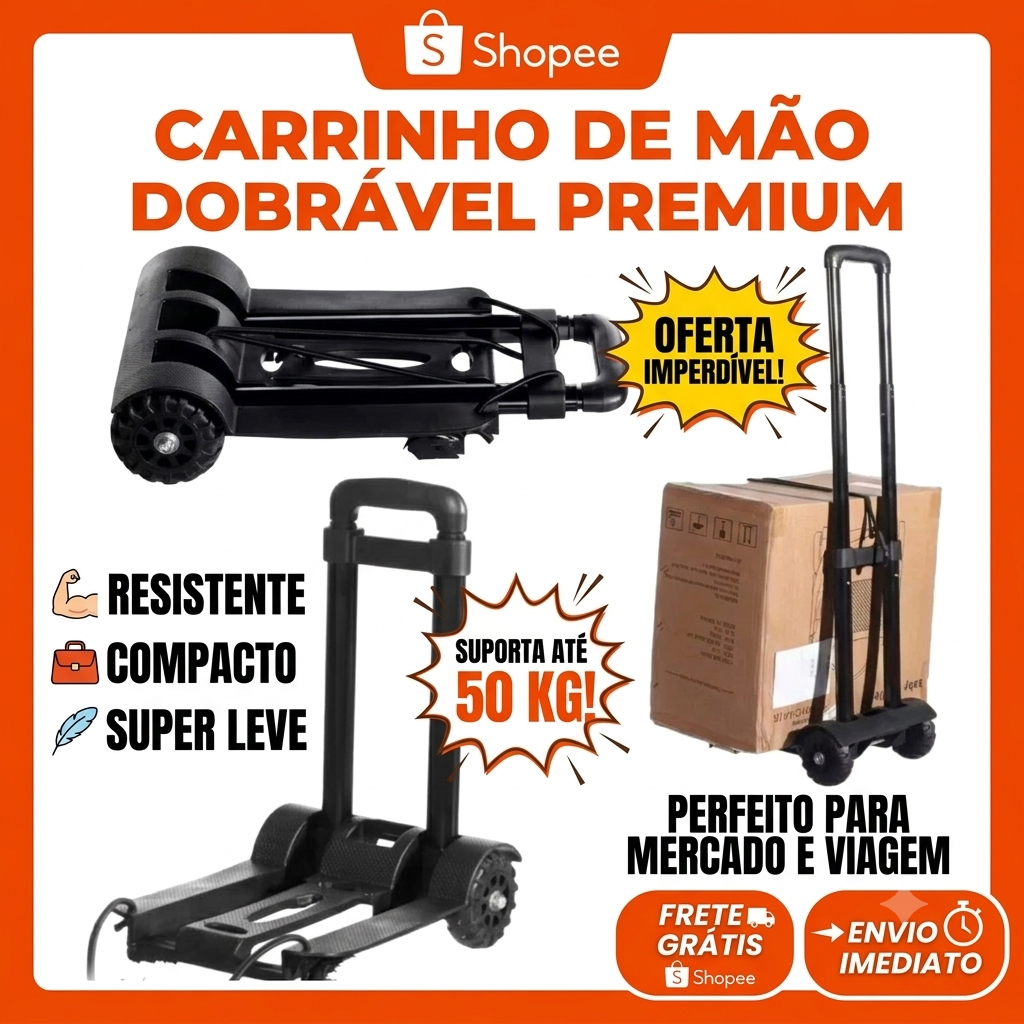 Carrinho de Mão Para Carga Maleiro Cooler Dobrável 2 Rodas 3 Níveis Preto Fácil de Usar