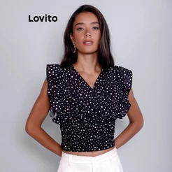 Lovito Blusa Estampada Polka Dots Manga Babados BLB1343BRL1373