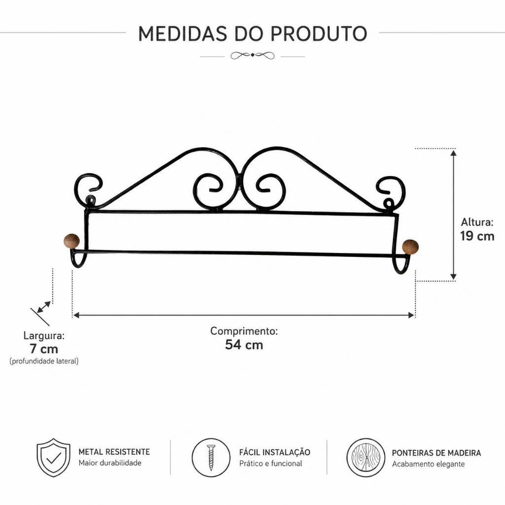 Porta Toalha Banheiro Preto Ferro Toalheiro De Parede Com Furo 54cm Suporte Para Cozinha Lavanderia — imagem 2 de 2