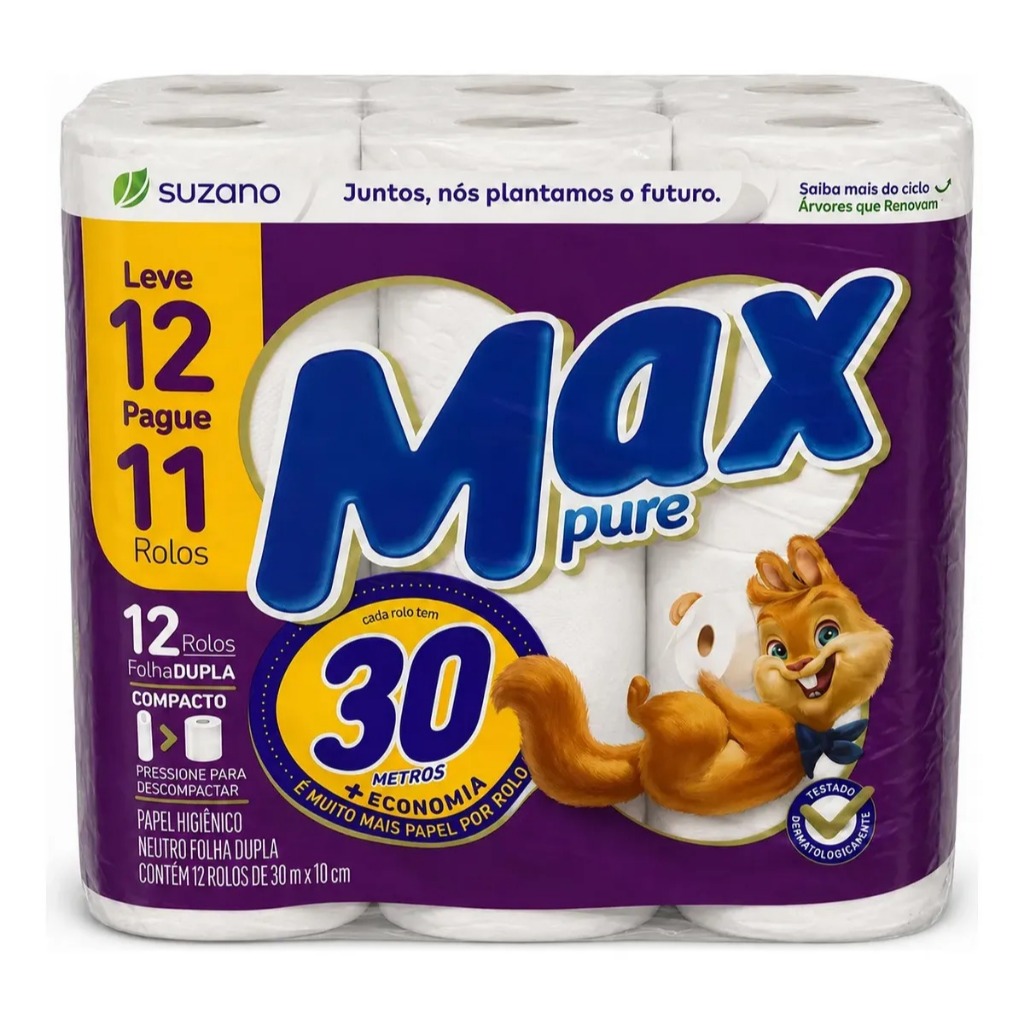 Papel Higiênico Folha Dupla Macio 30m Neutro Max Pure 12 Unidades Rolos