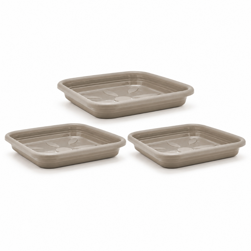 Kit 3 Pratos Quadrado Cor Areia Para Vasos Plástico Aparador Água Jardim Varanda Proteção Piso Flores E Lar