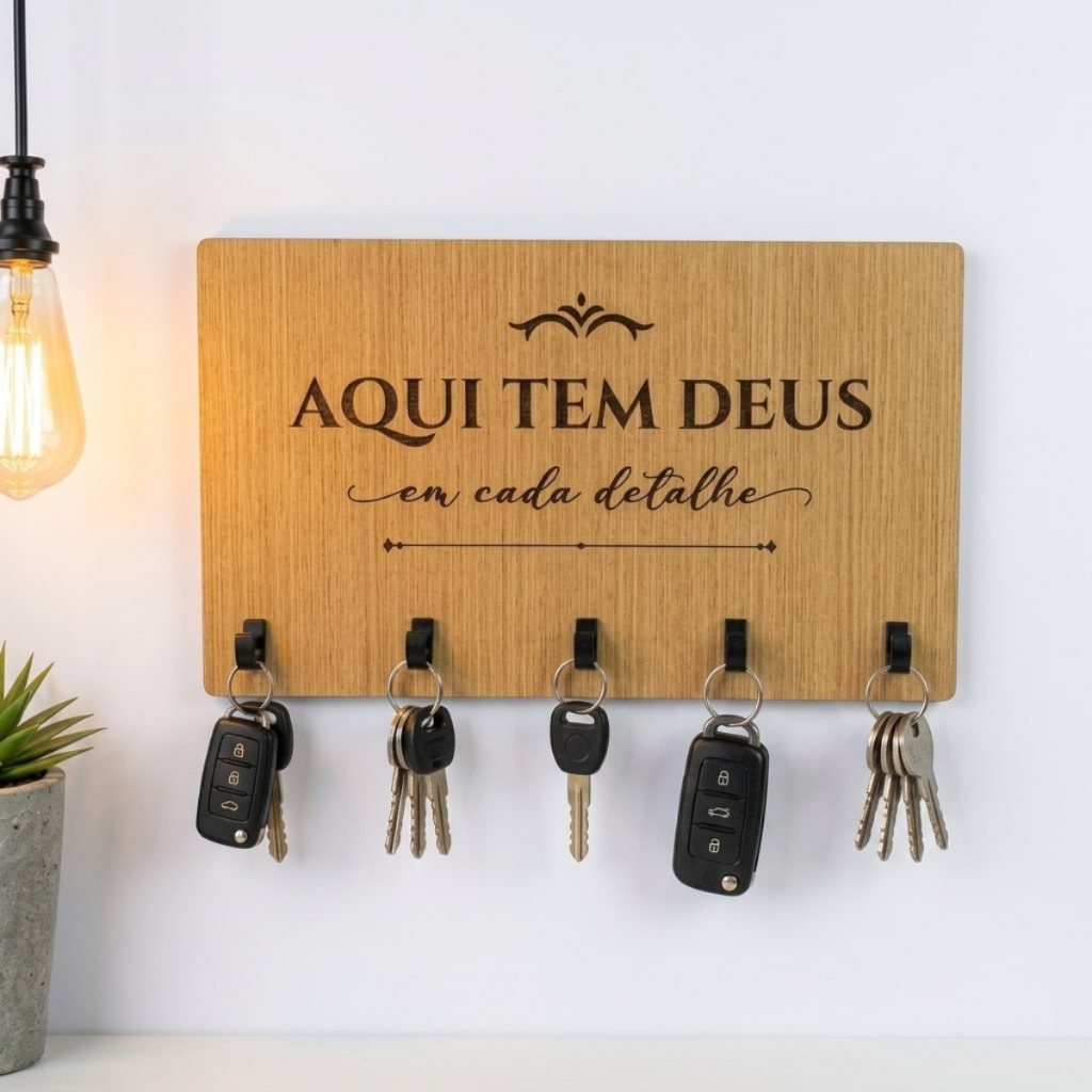 Porta Chaves MDF Deus Decorativo Bom Parede Casa Ganchos Chave