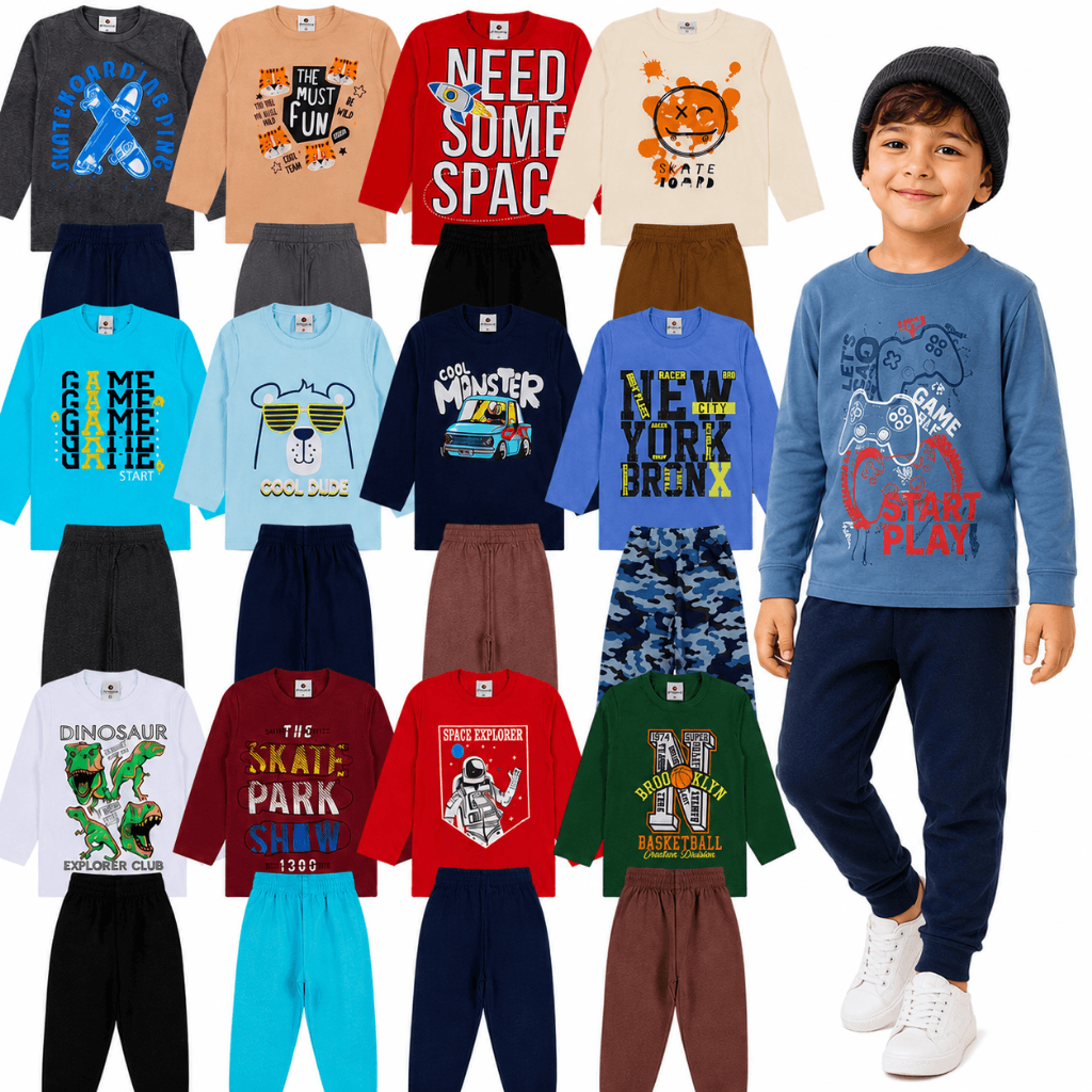Conjunto Meia Estação Menino 4 Peças | Blusa + Calça de Moletom do 01 a 10 Anos | Kit Conjunto Inverno Menino Sortido