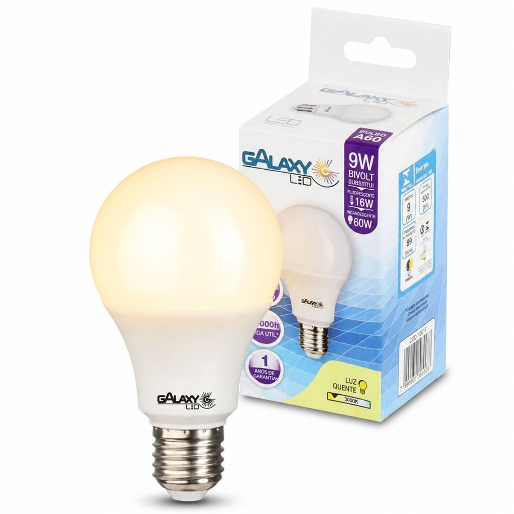 Lâmpada Led Bulbo Branco Quente 9w 3000k E-27 Bivolt Galax E27 Alta Potência Iluminação