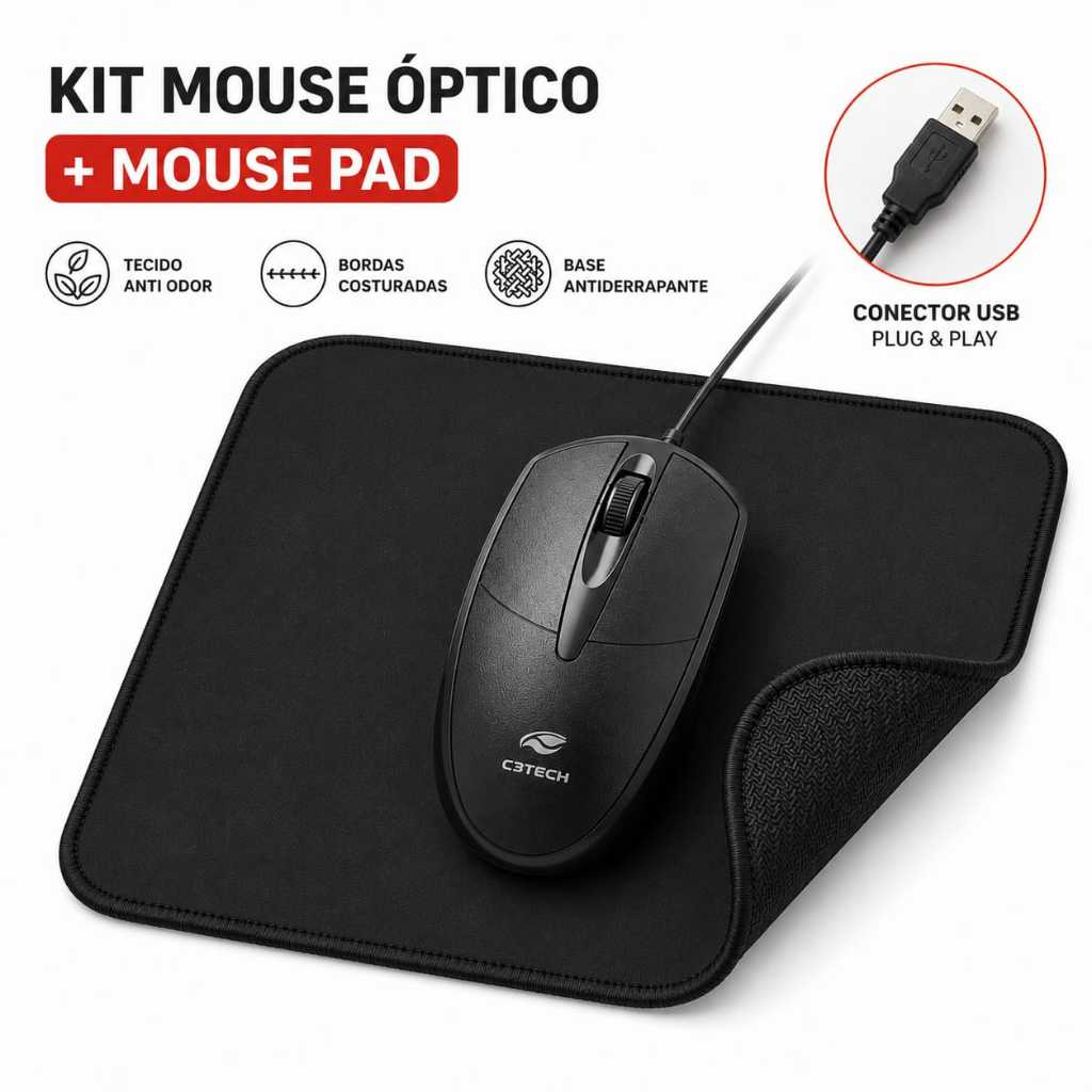 Kit Mouse e Mouse Pad - Mouse Com Fio USB - Mouse Pad 20x18 Borda Costurada Reforçado Emborrachado