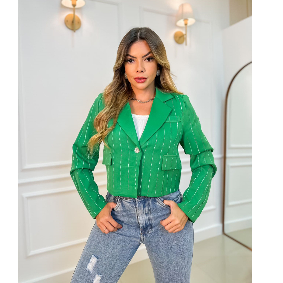 Blazer Feminino Casaco Alfaiataria Social Com Botão Listra 3RD SD912