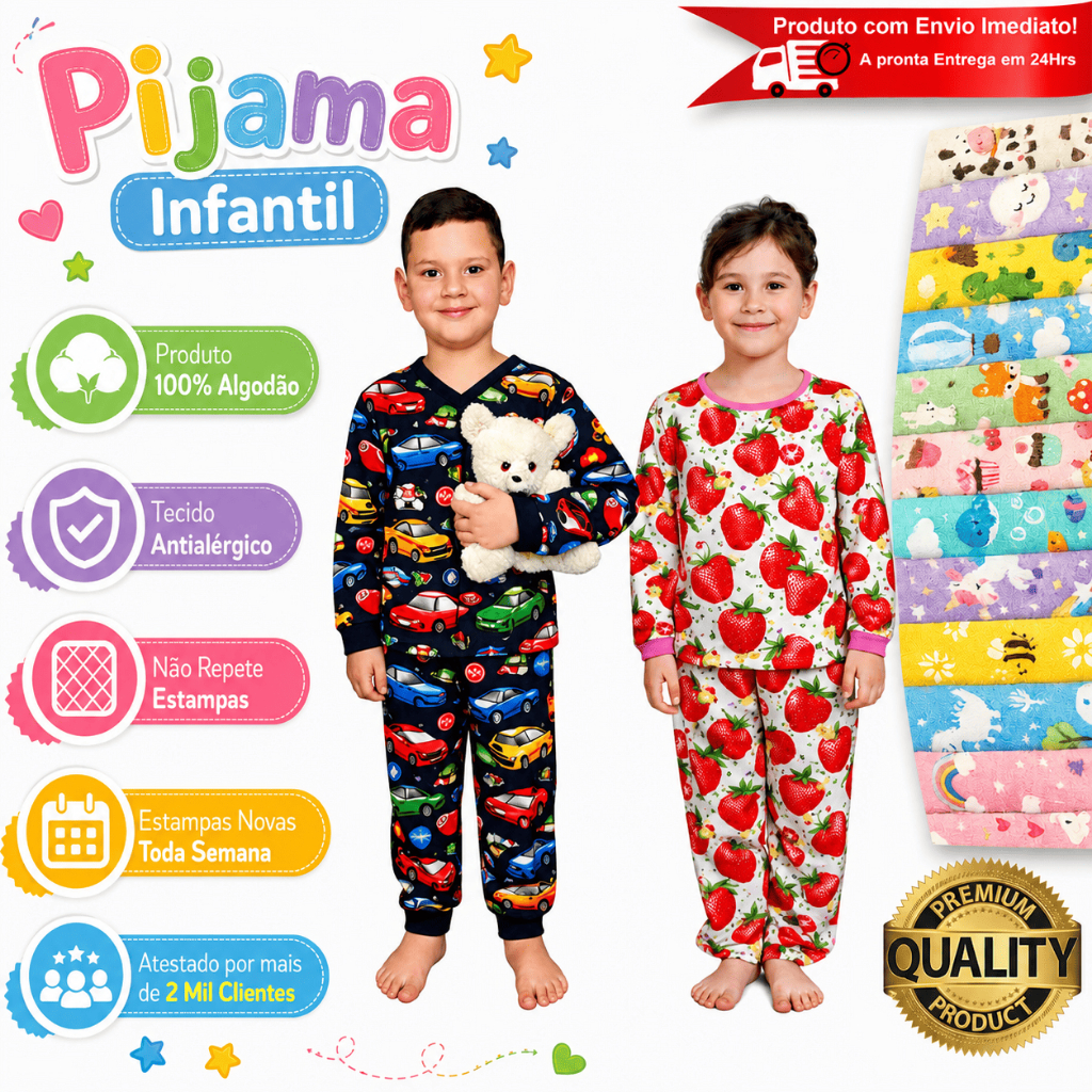 Pijama Infantil Algodão Menino Menina Estampado Manga Longa Calça