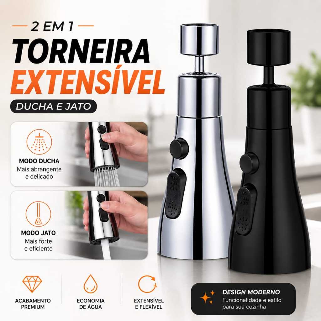 Adaptador Torneira 3 Modos Potente Duravel Alta Qualidade Com Acessorios Flexivel Extensor Torneira