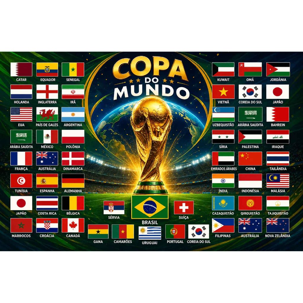 BABANDEIRA PERSONALIZADA BRASIL+ PAISES COPA DO MUNDO-Tecido Oxford- Acabamento a Laser -Futebol/Copa do Mundo