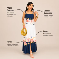 Vestido Feminino Estampado Floral Longo com Forro e Bojo Alcinha Ajustável com Fenda e Lastex nas Costas Crepinho