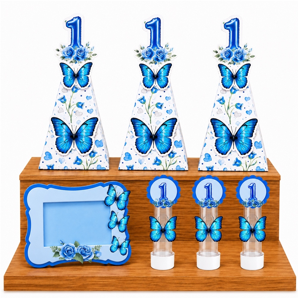 Kit Lembrancinhas Caixinhas Tubete e Porta Retrato Jardim Das Borboletas Azul 15 Un