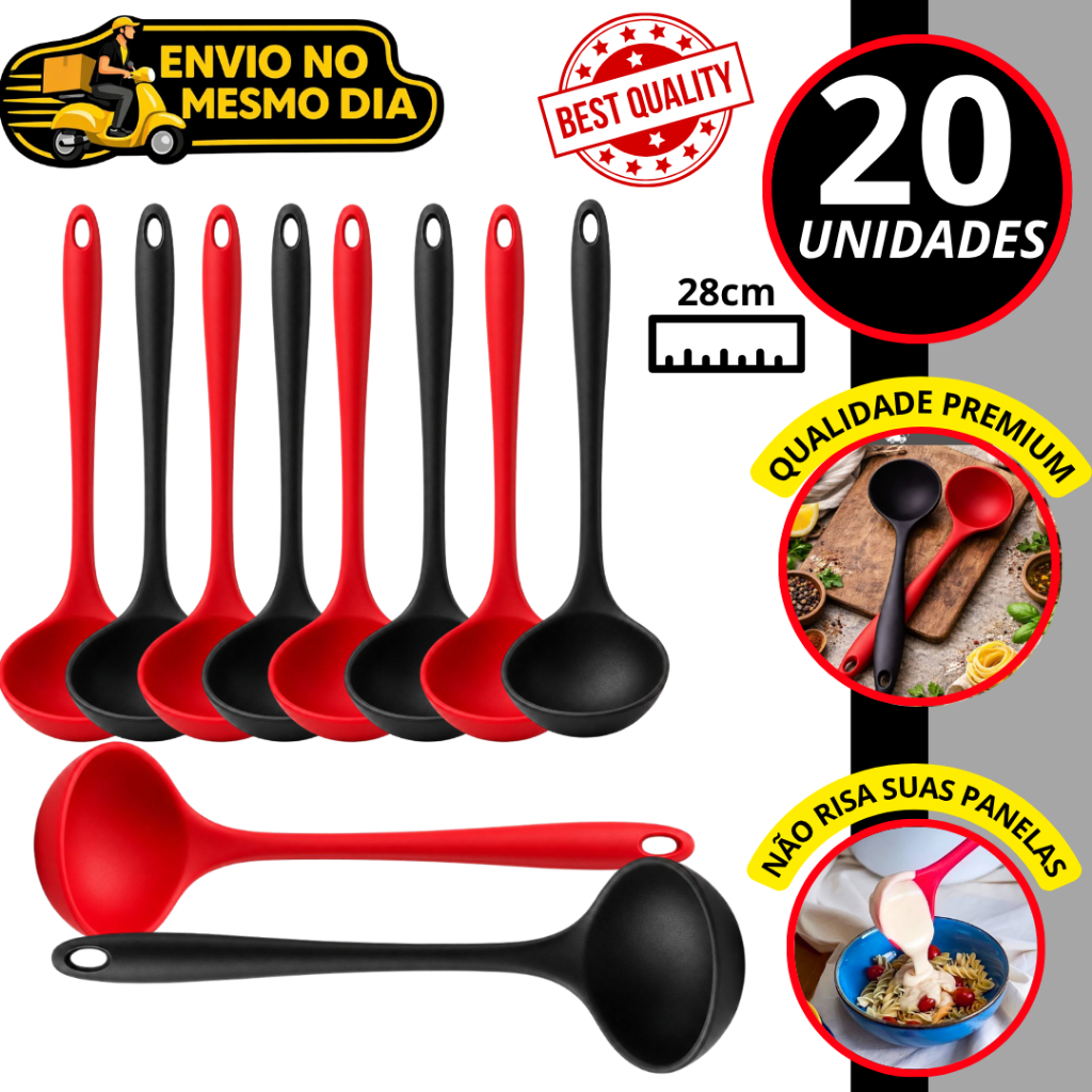 KIT 10/20 Concha 100% Silicone Premium 29cm Antiaderente Resistente ao Calor Não Risca Panelas Utensilio de Cozinha