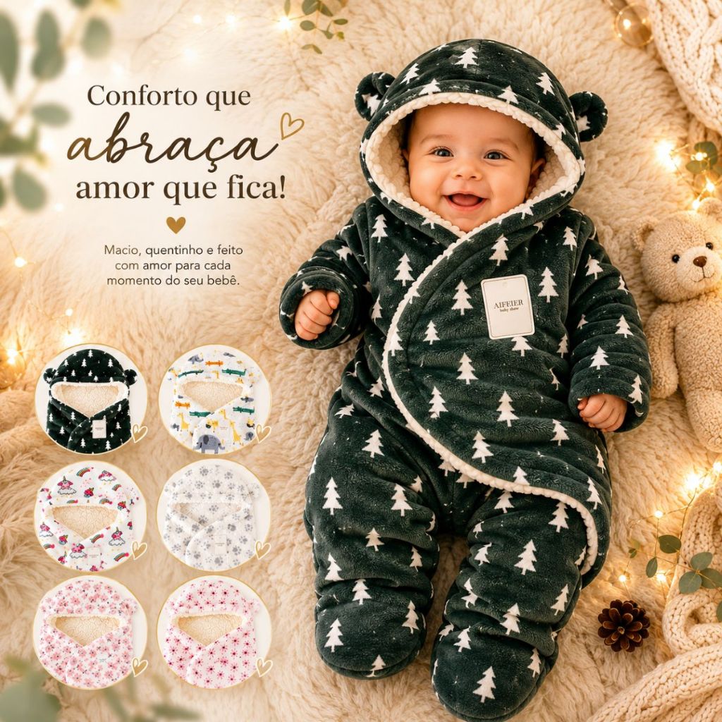 Pijama Bebê Inverno Peluciado Sherpa Com Capuz e Pezinhos Macacão Quentinho Recém-Nascido