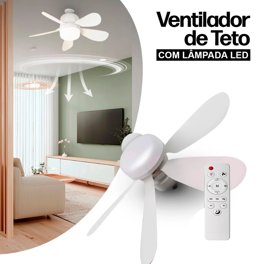 Ventilador de Teto 100W Lâmpada Luminária LED 3 Cores E27 Silencioso Bivolt 2 em 1 C/ Controle
