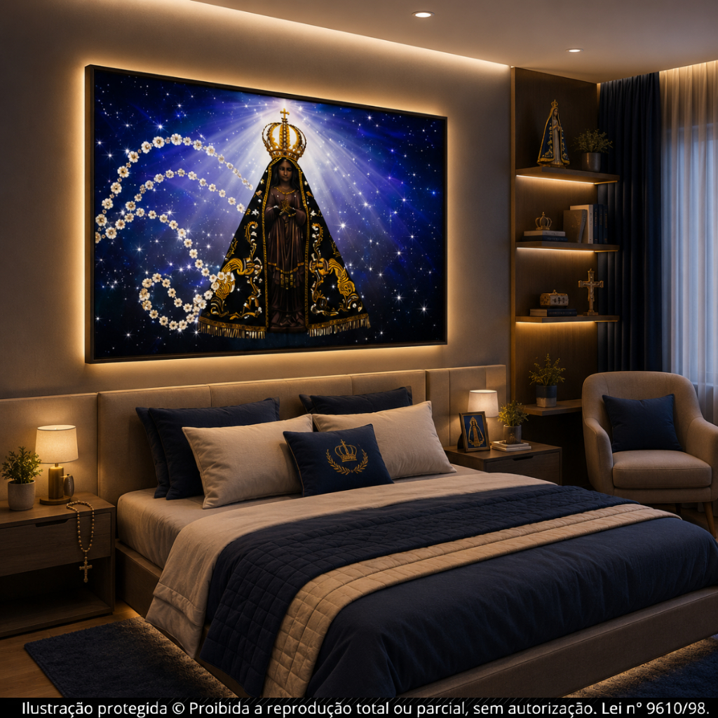 Placa Quadro Decorativo Nossa Senhora Aparecida Religioso Católico Com Rosário Céu Estrelado Sala Quarto Igreja Presente