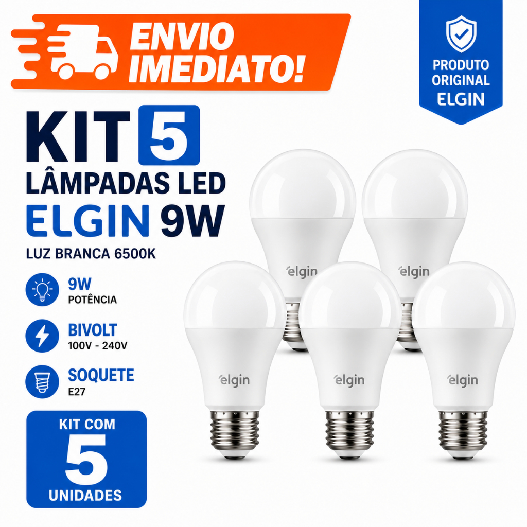 LÂMPADA LED ELGIN 9W BULBO  KIT 5 UNIDADES LUZ BRANCA FRIA 6500K BIVOLT E27 ECONÔMICA PARA SALA,COZINHA, ESCRITÓRIO.