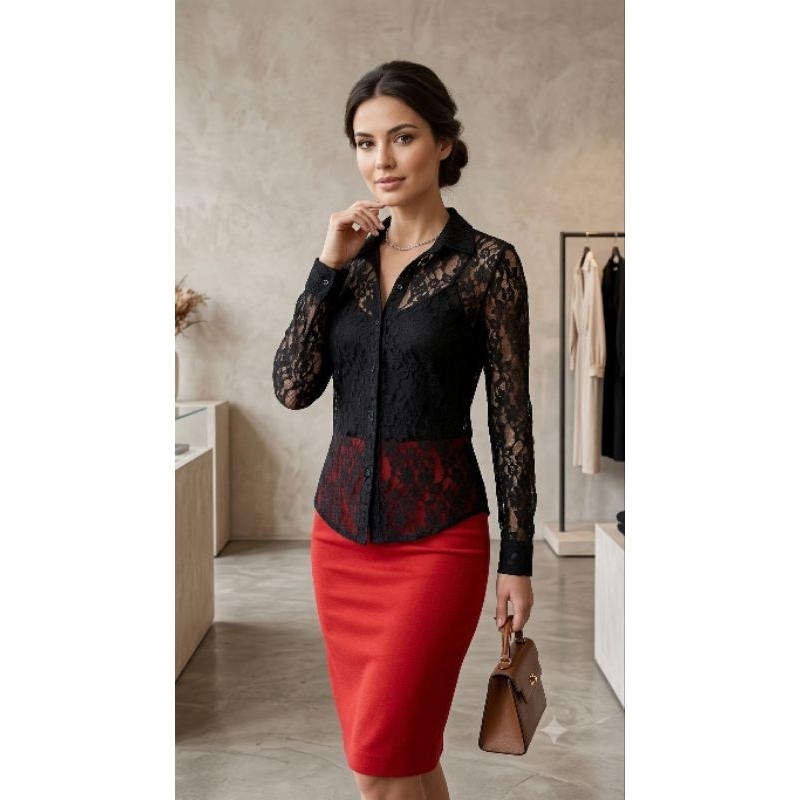 BRECHO Camisa Feminina em Tule com Renda Guipir - Tamanho G