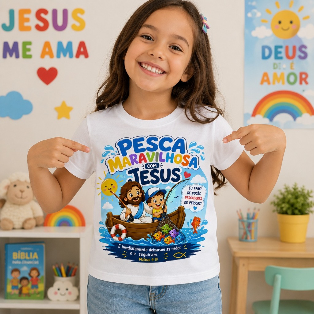 Camiseta Infantil gospel, Pesca maravilhosa com Jesus