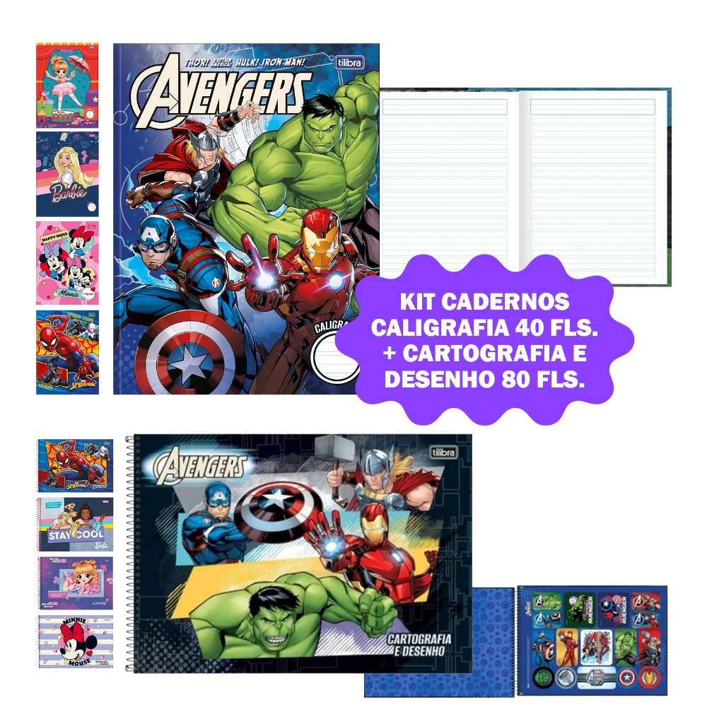 Kit 2 Cadernos Infantis Capa Dura Caligrafia 40 Folhas + Cartografia e Desenho 80 Folhas Minnie, Avengers e Barbie