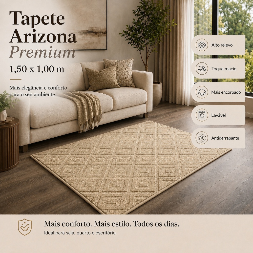 Tapete Sala Bege 1,50X1,00 Geométrico Alto Relevo Premium Macio Antiderrapante Quarto Escritório
