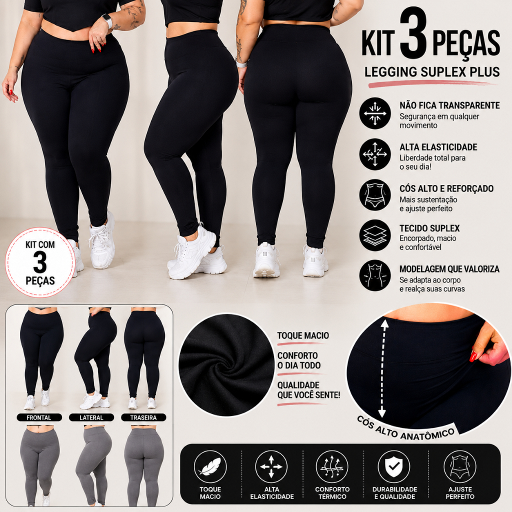 Kit 3 Calças Legging Plus Size Suplex Feminina Cós Alto Academia Fitness Não Transparente G1 G2 G3