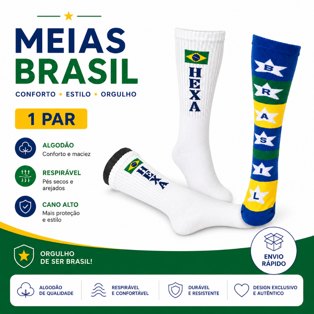 Meia Brasil Cano Longo Juvenil Feminina Algodão Confortável Estilosa Torcedor Casual 34-39 e 38-44