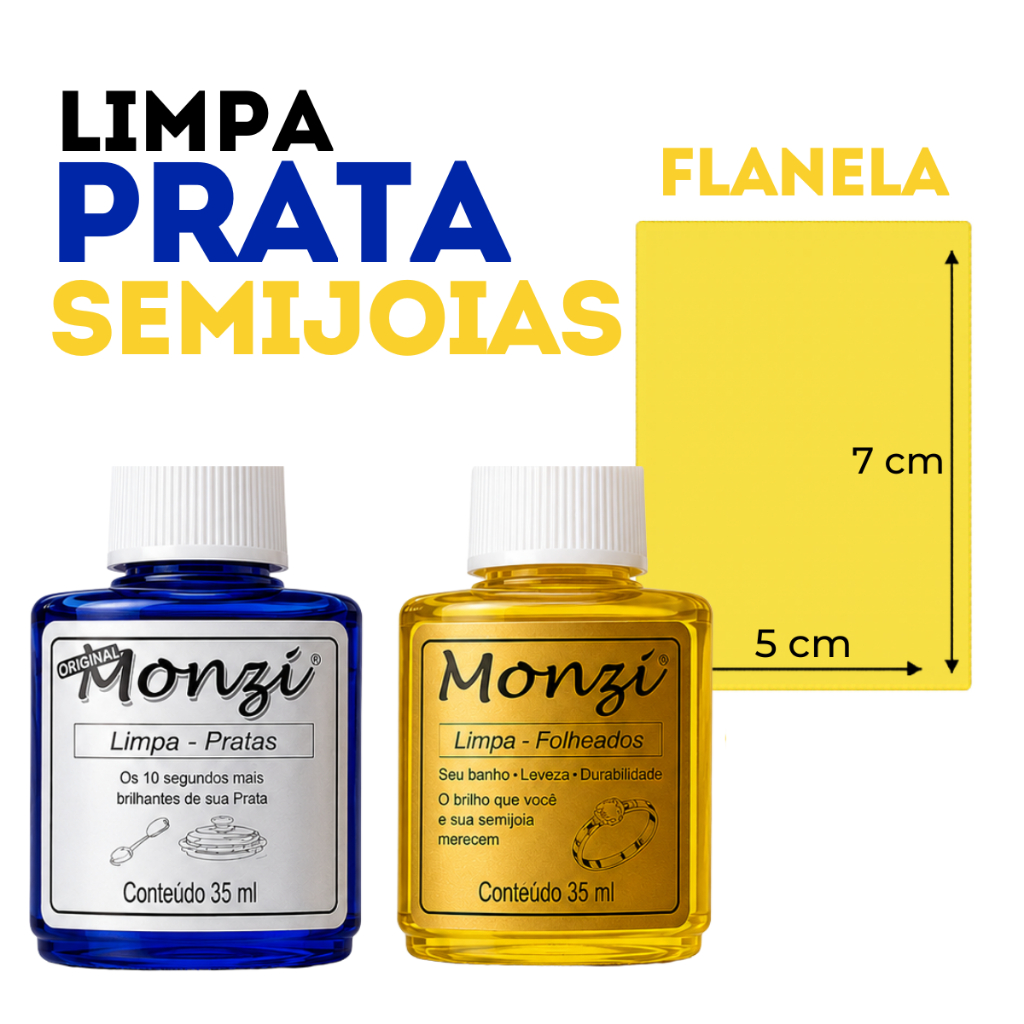 Limpa Joias Monzi 35ml Limpador de Pratas/Semijoias Folheadas e Banhadas/ Flanela 5x7cm