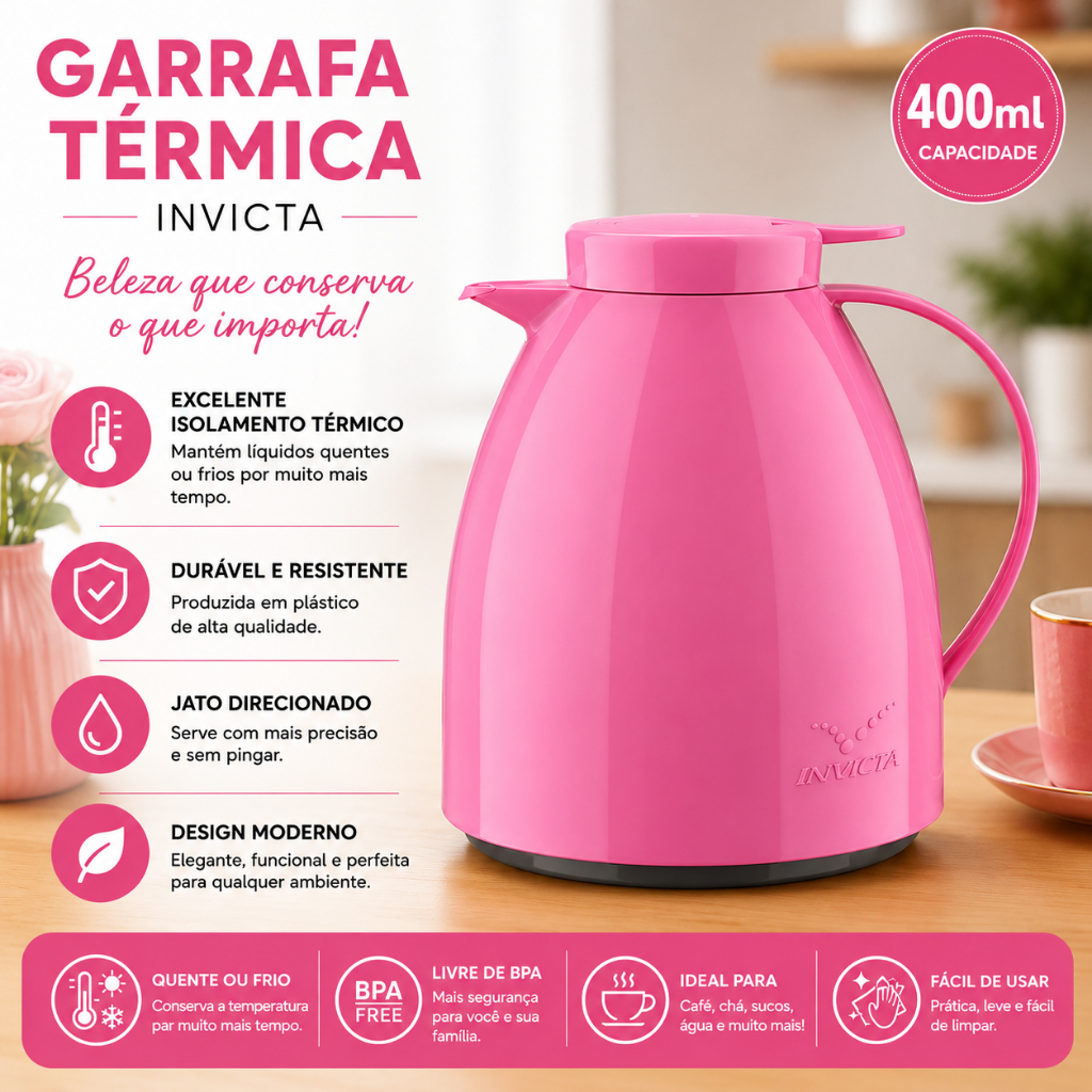 Bule Viena 400ml Rosa Invicta Garrafa Térmica Bule Térmico Gatilho Multiuso Café Leite Chá Água Casa