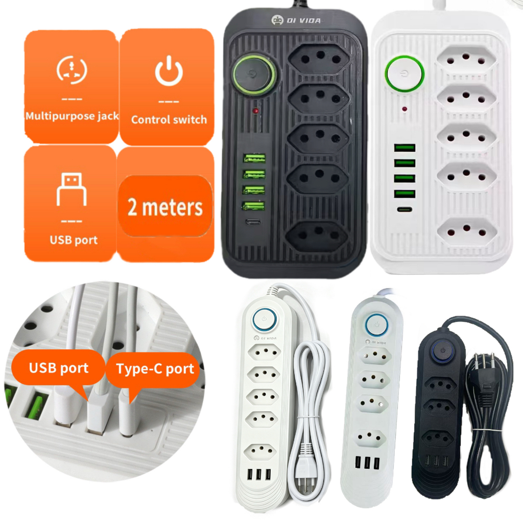 Extensão Tomadas com USB e TypeC Universal Bivolt 110v/220v 2500W Power 2m Filtro De Linha Segurança