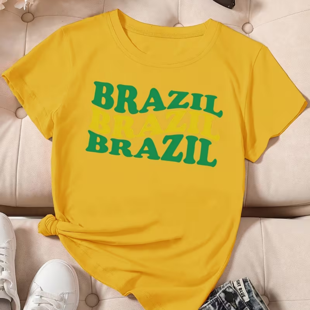 Camisa Camiseta Feminina Brazil Brasil Estilosa Praia Verão Copa Tendência Confortável Algodão